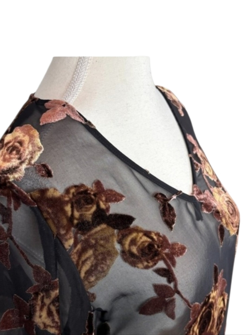 Karen Kane Black and Gold Sheer Floral Velvet Bell Sleeve Burnout V-Neck Blouse - Picture 5 of 10